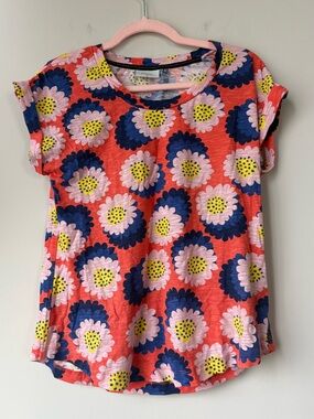 Foil Flower Pattern Cotton Tee in Orange, Pink and Blue - Size XS